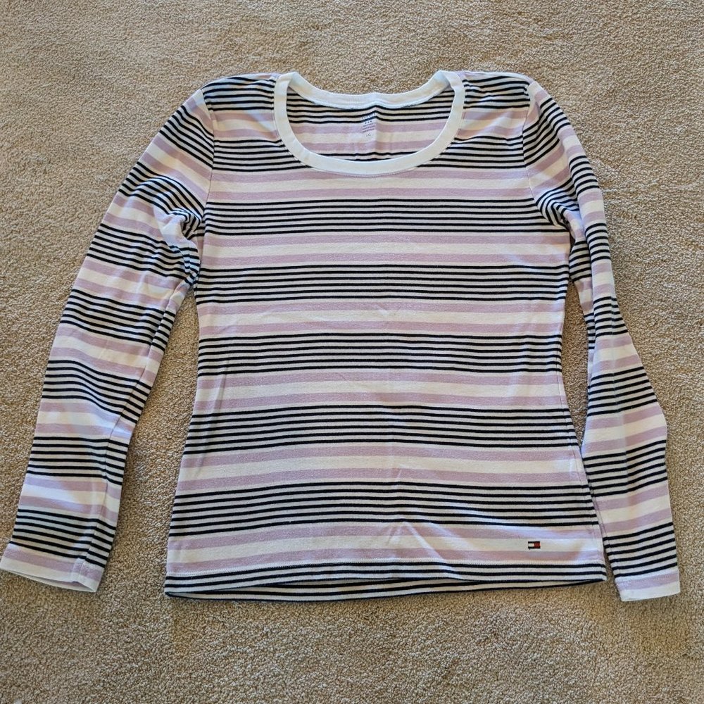 Tommy Hilfiger Purple Navy and White Striped Tee Size L